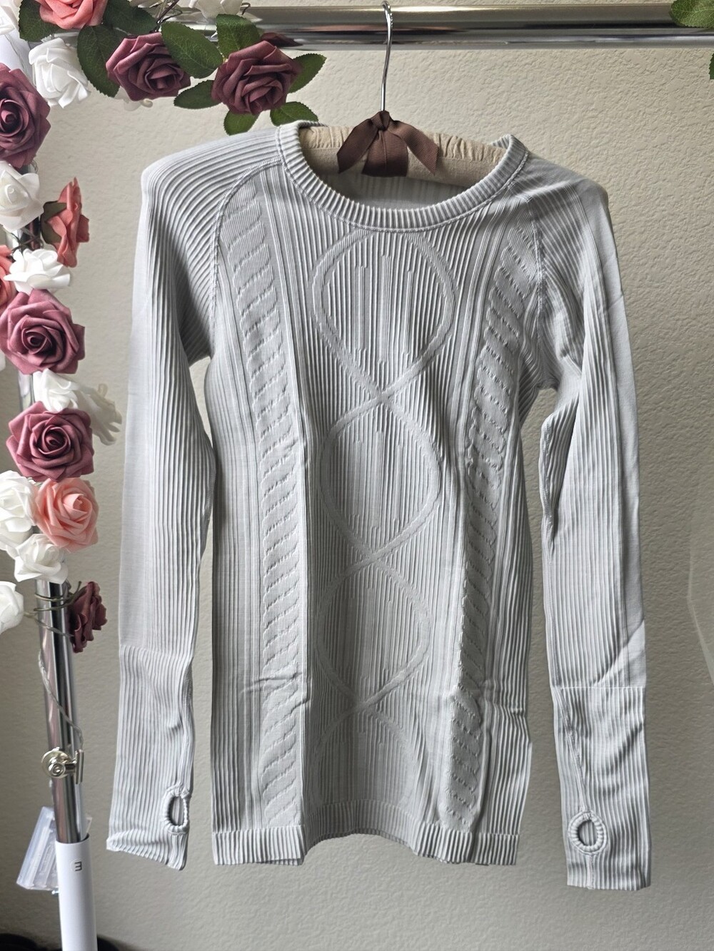 Lululemon Athletica Light Gray Ribbed Cable-Knit Long Sleeve Top
